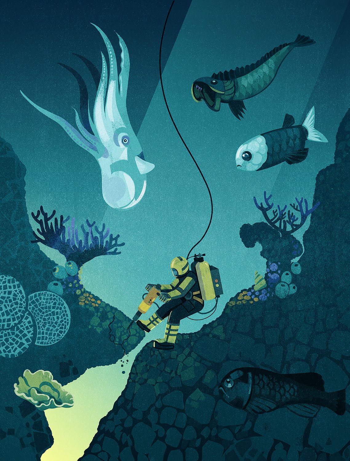 Diver with a Lamp Underwater