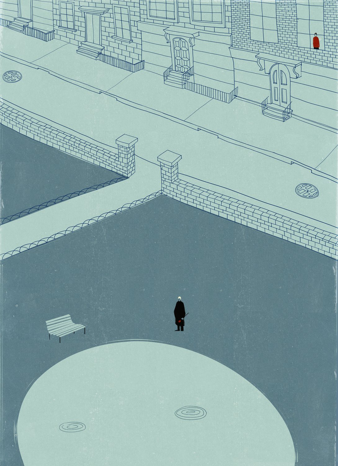 Lone Walker in a Moonlit Square
