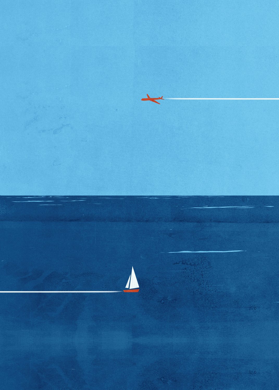 Airplane and Sailboat over the Sea