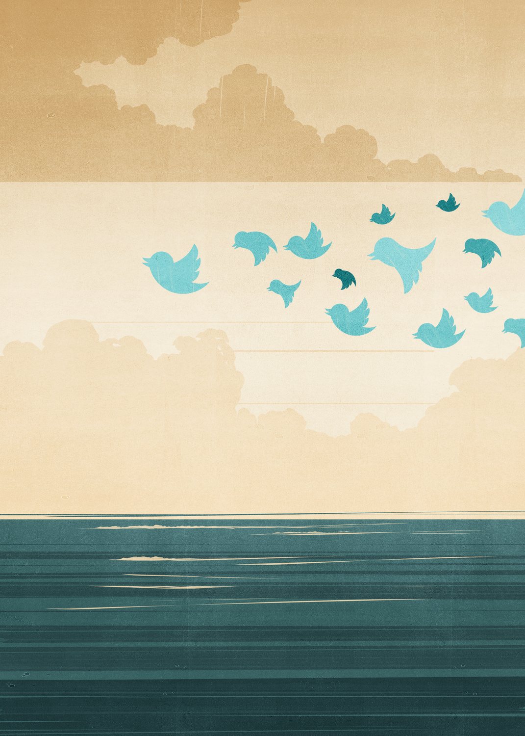 Flock of Blue Birds over the Sea