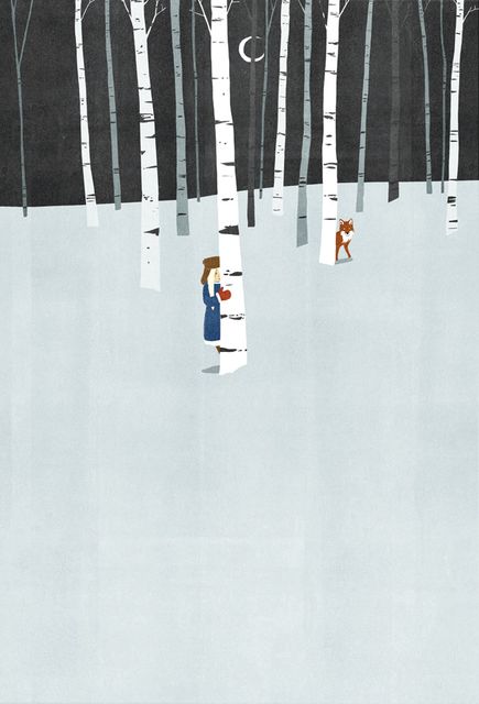 Girl and Fox in the Birch Forest