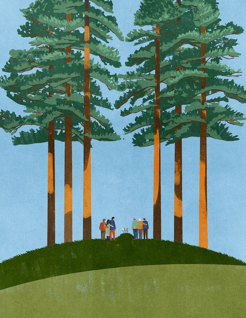 People among Tall Pines