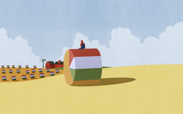 Farmer on a Rolling Hay Bale