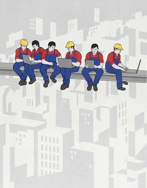 Workers on the Beam with Laptops