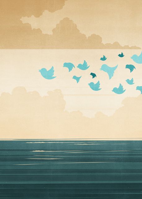 Flock of Blue Birds over the Sea
